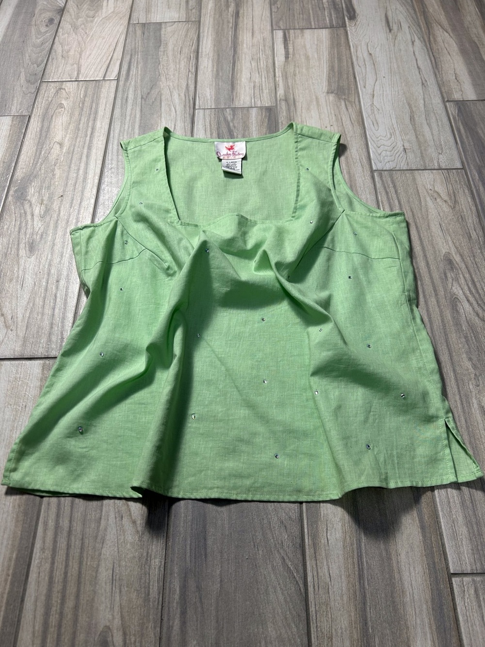 Linen Cotton Blend Rhinestones Light Green Sleeveless Top XL Boho Breathable